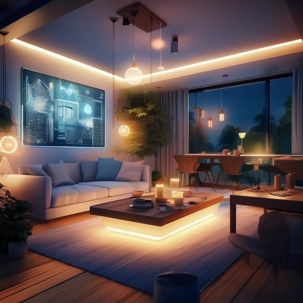 A range of smart home lighting fixtures, including smart bulbs and color-changing LED strips, showcasing vibrant and adjustable lighting options.