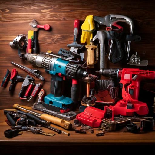 A display of professional-grade power tools, including a drill, circular saw, and laser level, arranged neatly on a workbench.