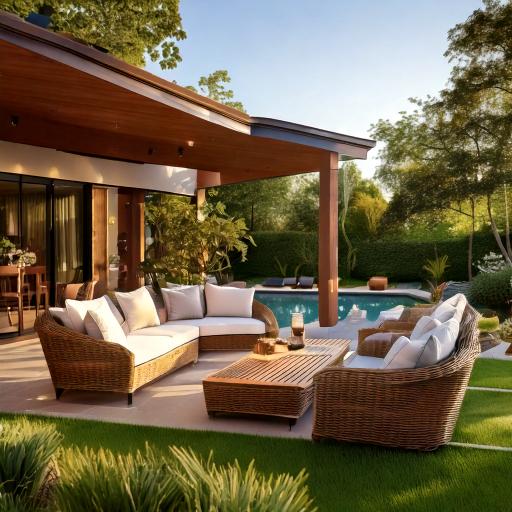 A stylish outdoor patio featuring premium furniture, a high-end grill, and decorative patio lights, perfect for entertaining and relaxation.