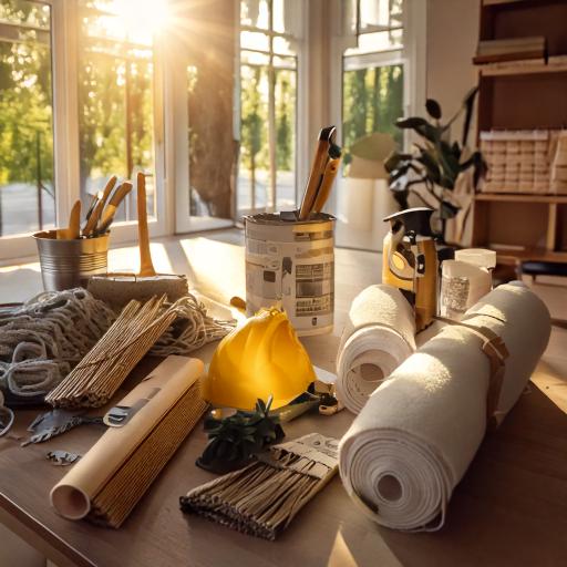 A selection of high-quality renovation supplies, including premium paint, hardwood flooring, and energy-efficient appliances, neatly organized for a home improvement project.