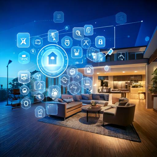 A collection of smart home devices including a smart thermostat, smart lighting, and smart security camera in a modern living room setting.